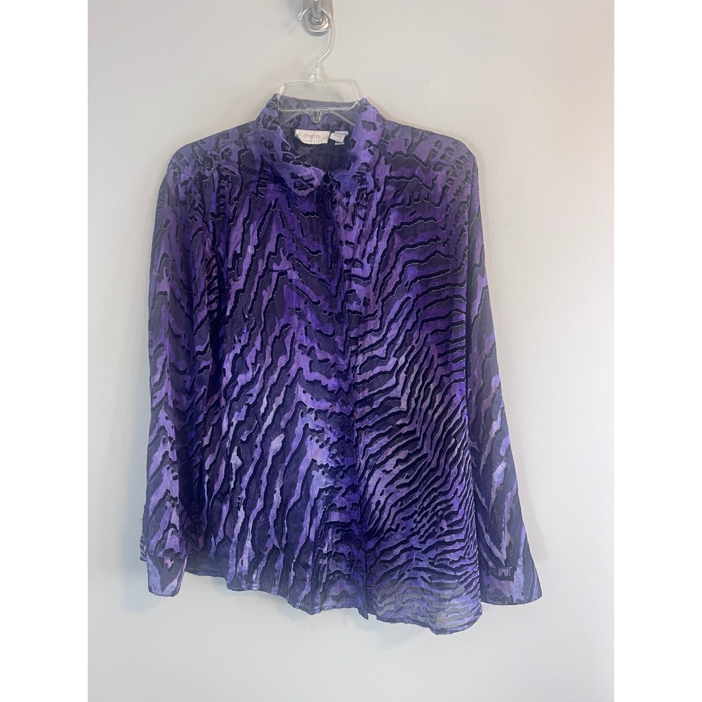 Chicos Purple Zebra Burnout Velvet Button Down Blouse Top Size 2 L Large